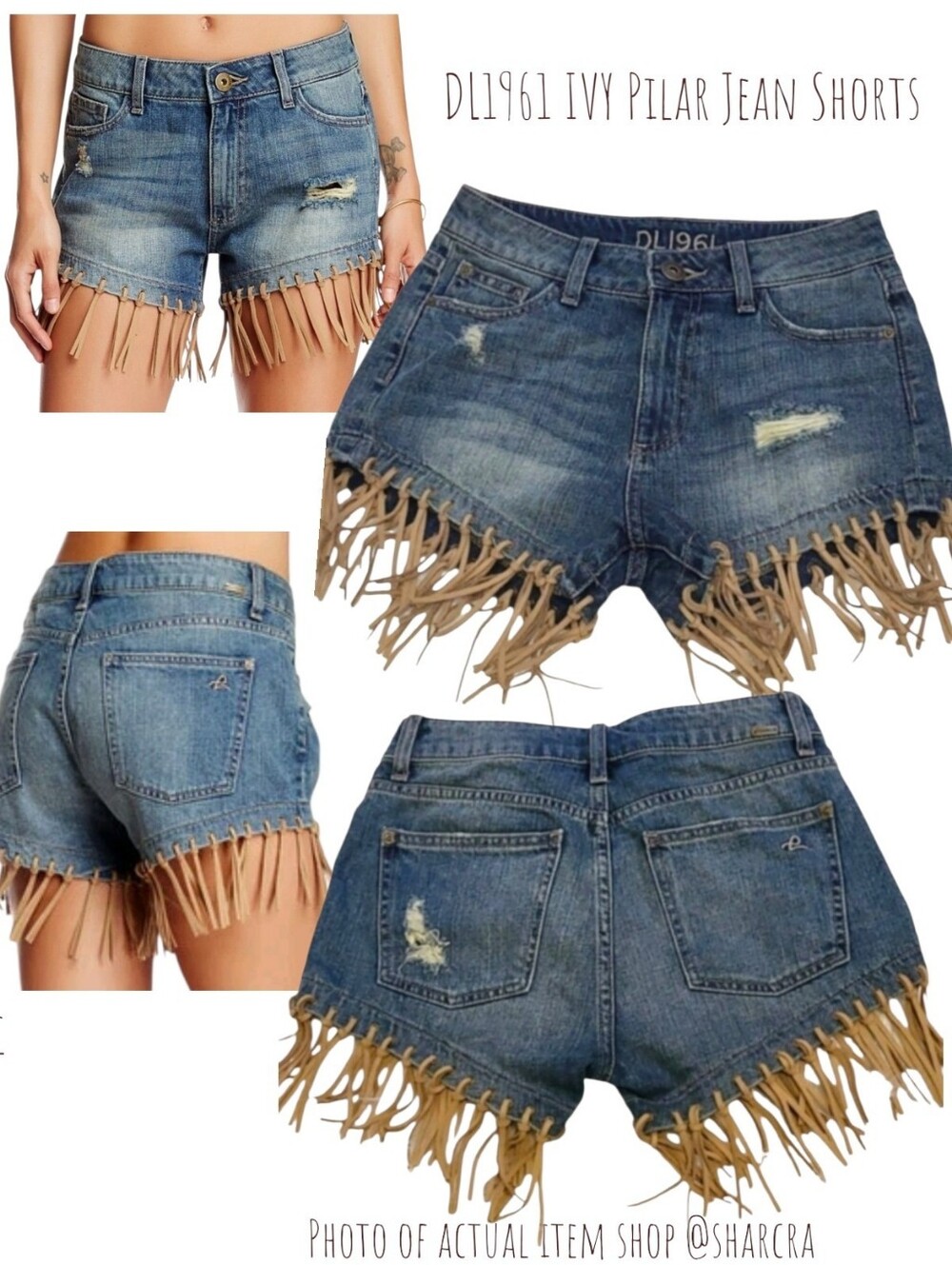 DL1961 Women's IVY Pilar Blue Jean Shorts tan Suede Fringe Distressed denim 00